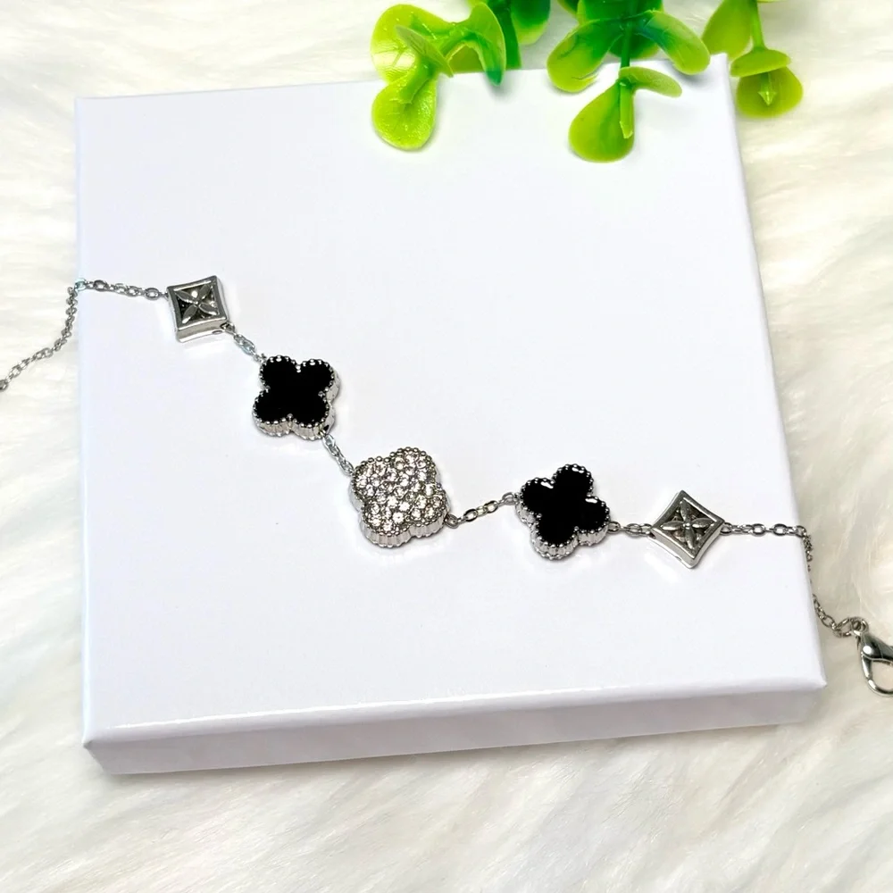 Silver Plated‎ Black Clover Bracelet With Cluster Stones